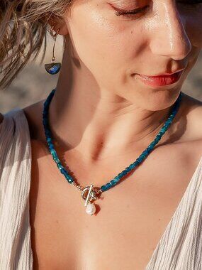 Blue Apatite Gemstone Necklace Gold Toggle Clasp Removable Baroque Pearl genuine